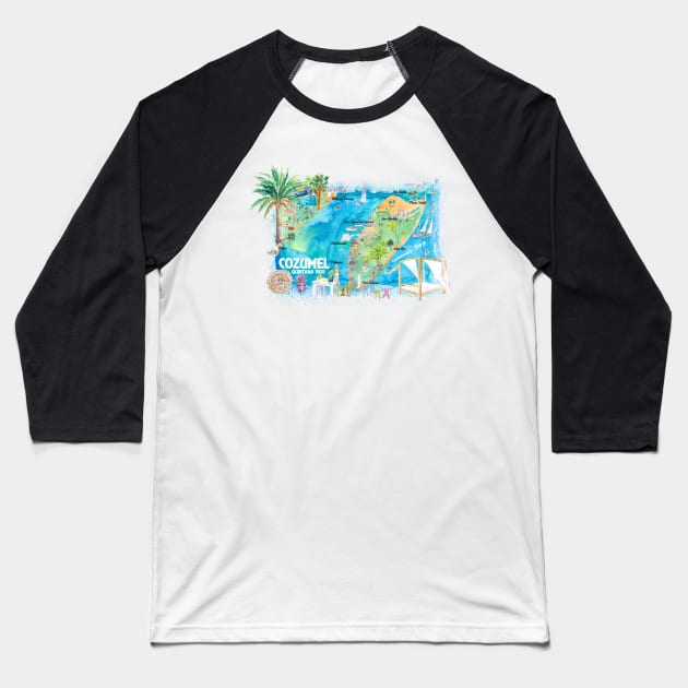 Cozumel_Quintana_Roo_Mexico_Illustrated_Travel_Map_with_Roads_and_HighlightsXS Baseball T-Shirt by artshop77